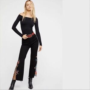Free People High-Rise Embroidered Lace Flare Jeans